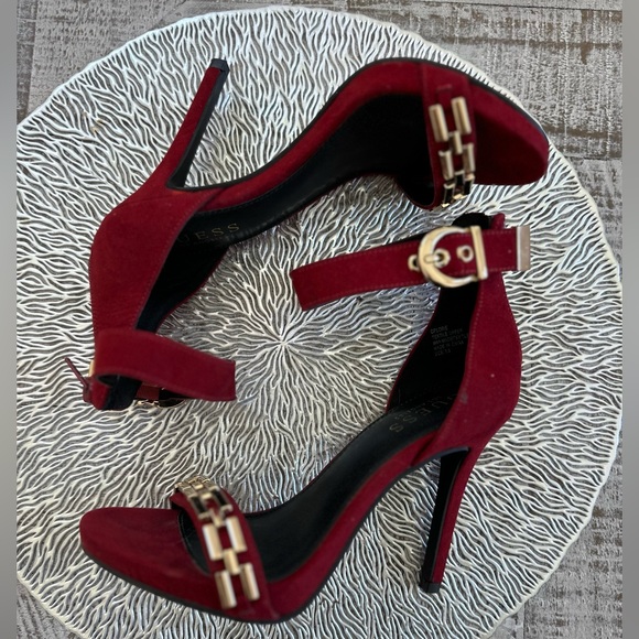 Suede Red/ Gold Ankle Strap Heels - Picture 3 of 6
